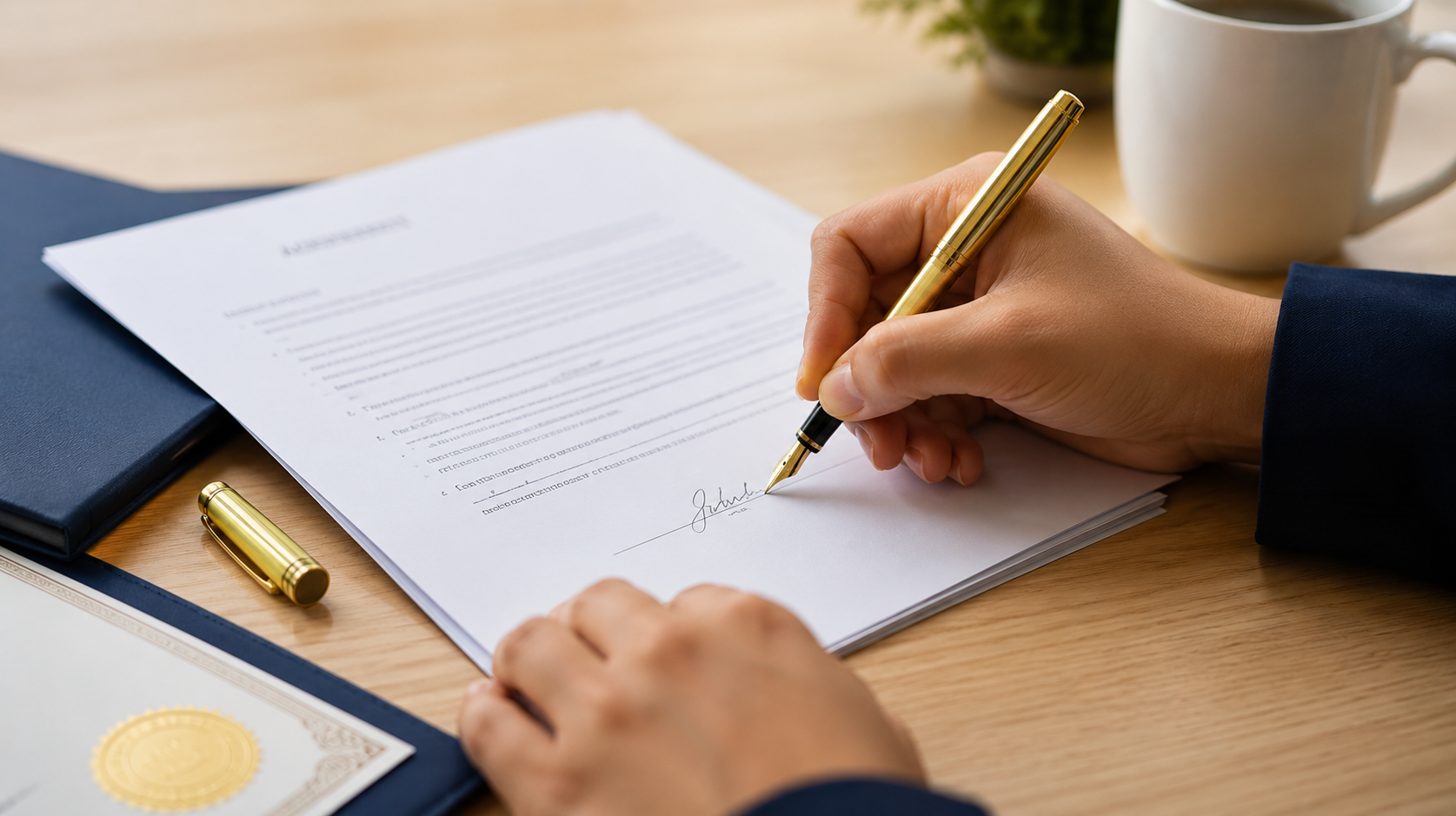 Close-up of hands signing a placement agreement with a pen