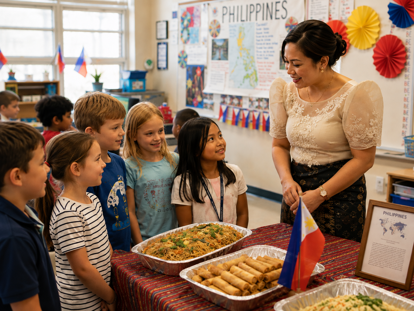 Students and teacher taking part in a Filipino culture day activity in the classroom.