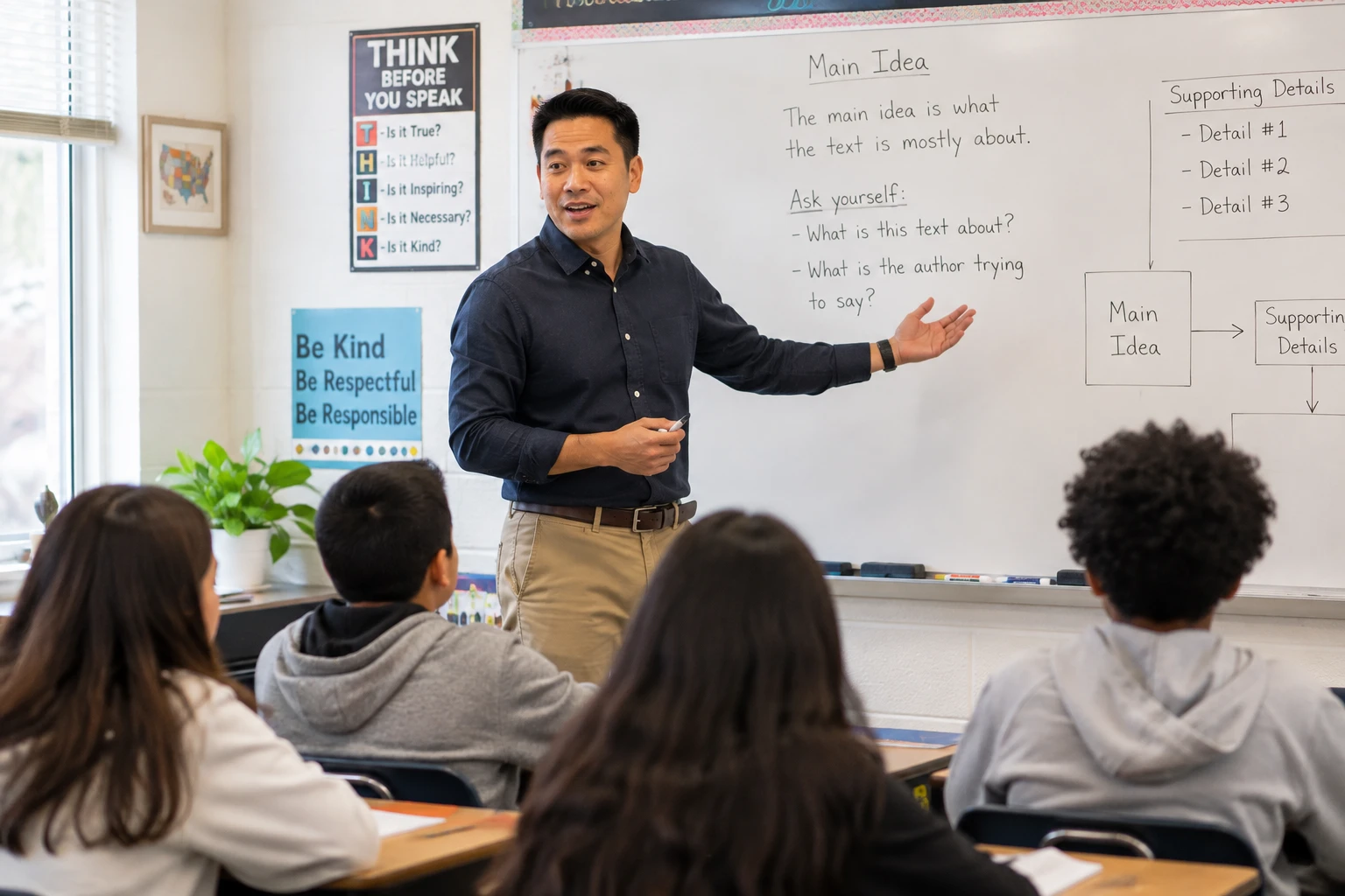 A teacher leading a lesson at the whiteboard with students