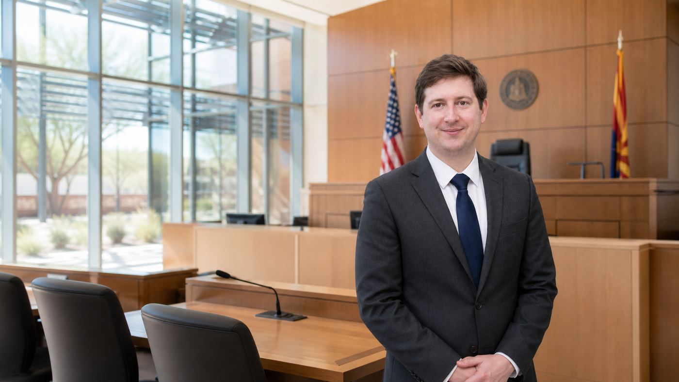Erik during law school, standing in a mock courtroom in a charcoal suit and navy tie, with the U.S. and Arizona flags and the judge's bench behind him.
