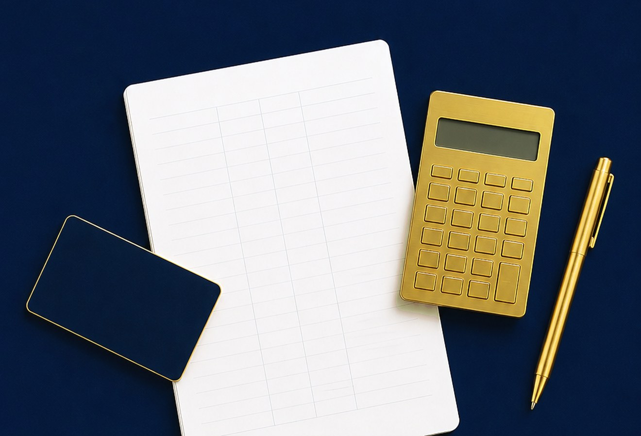 Notebook, calculator, payment card and pen on a navy desk