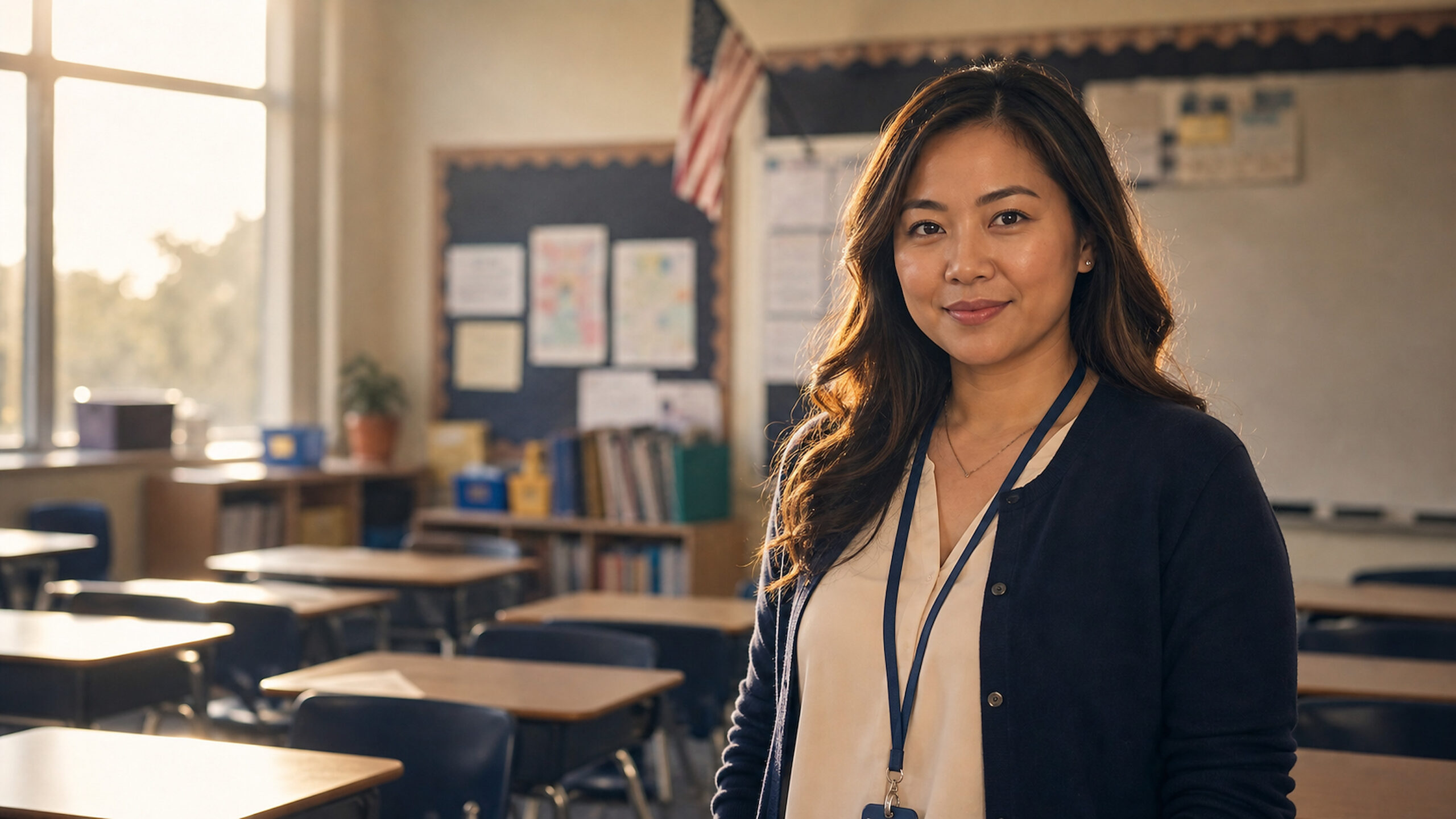 A teacher stands at the front of her American elementary school classroom, with sunlight coming through the windows behind her.