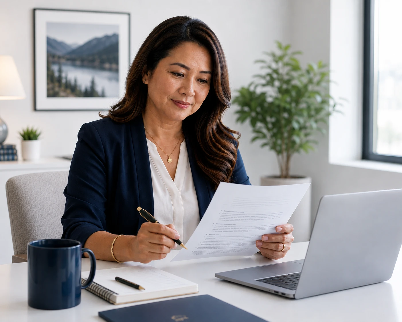 A teacher at a bright desk, reviewing a printed document with a pen in hand.
