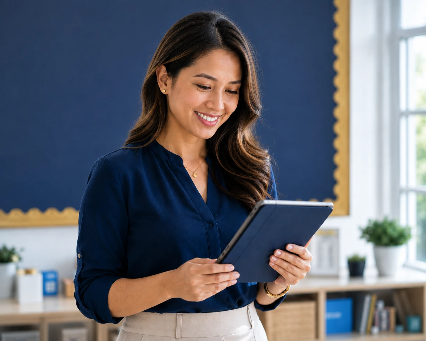 A teacher standing in a bright classroom, looking at a tablet.