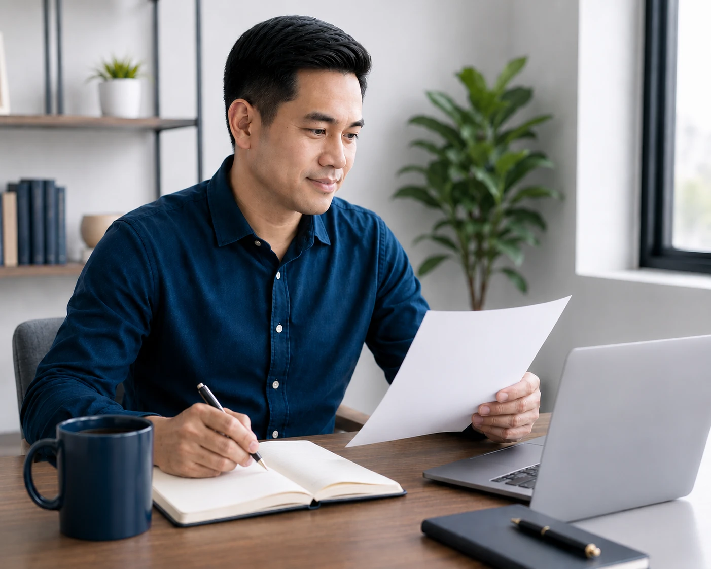 A teacher seated at a desk, reviewing a printed document with a laptop open beside him.