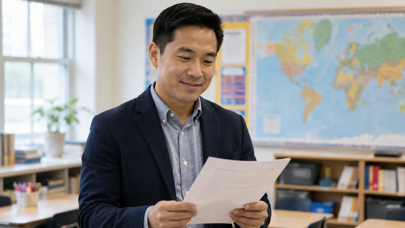 Teacher reviewing program cost details in a classroom