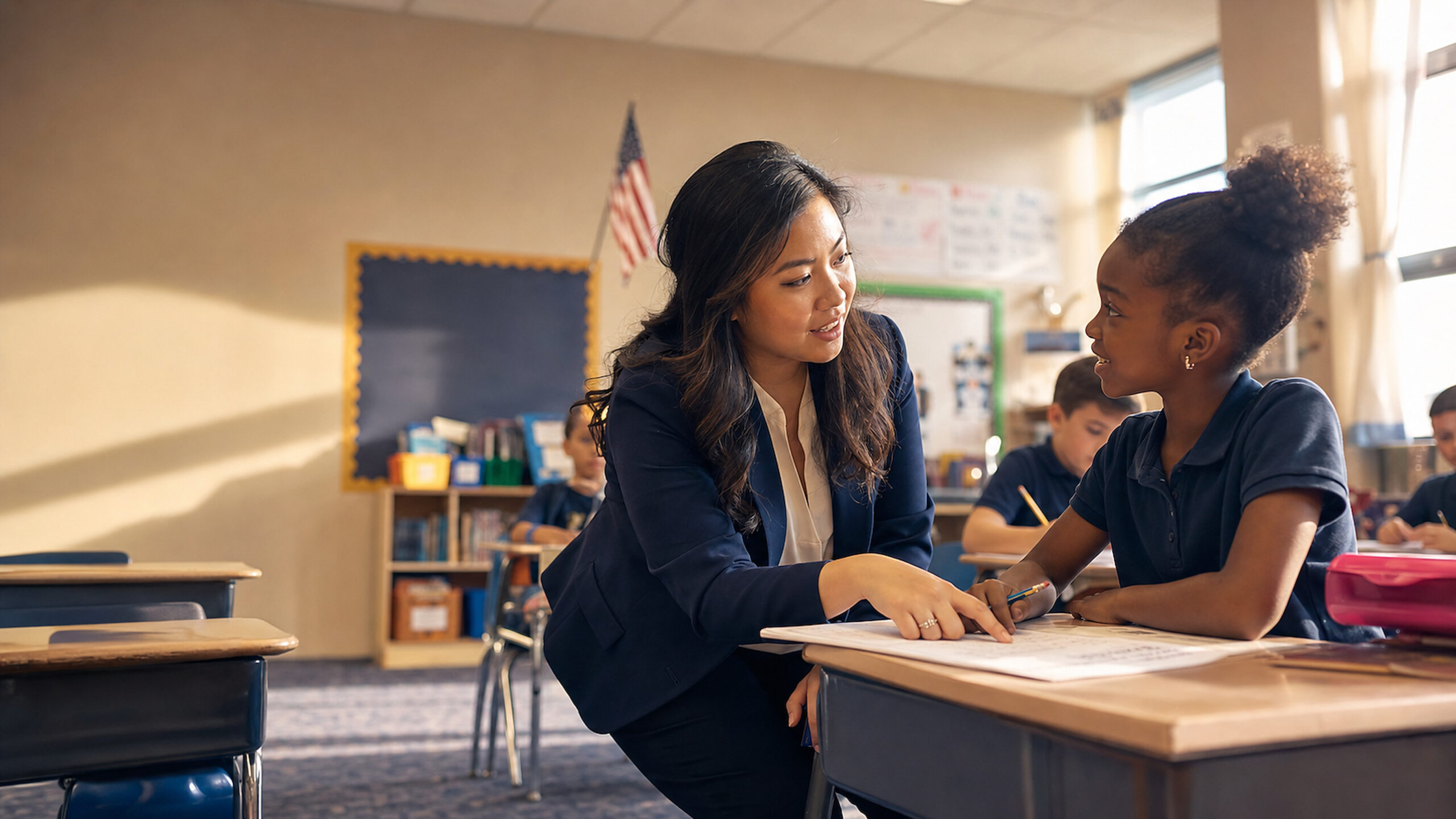 An international teacher works one-on-one with a student at her desk in an American classroom.