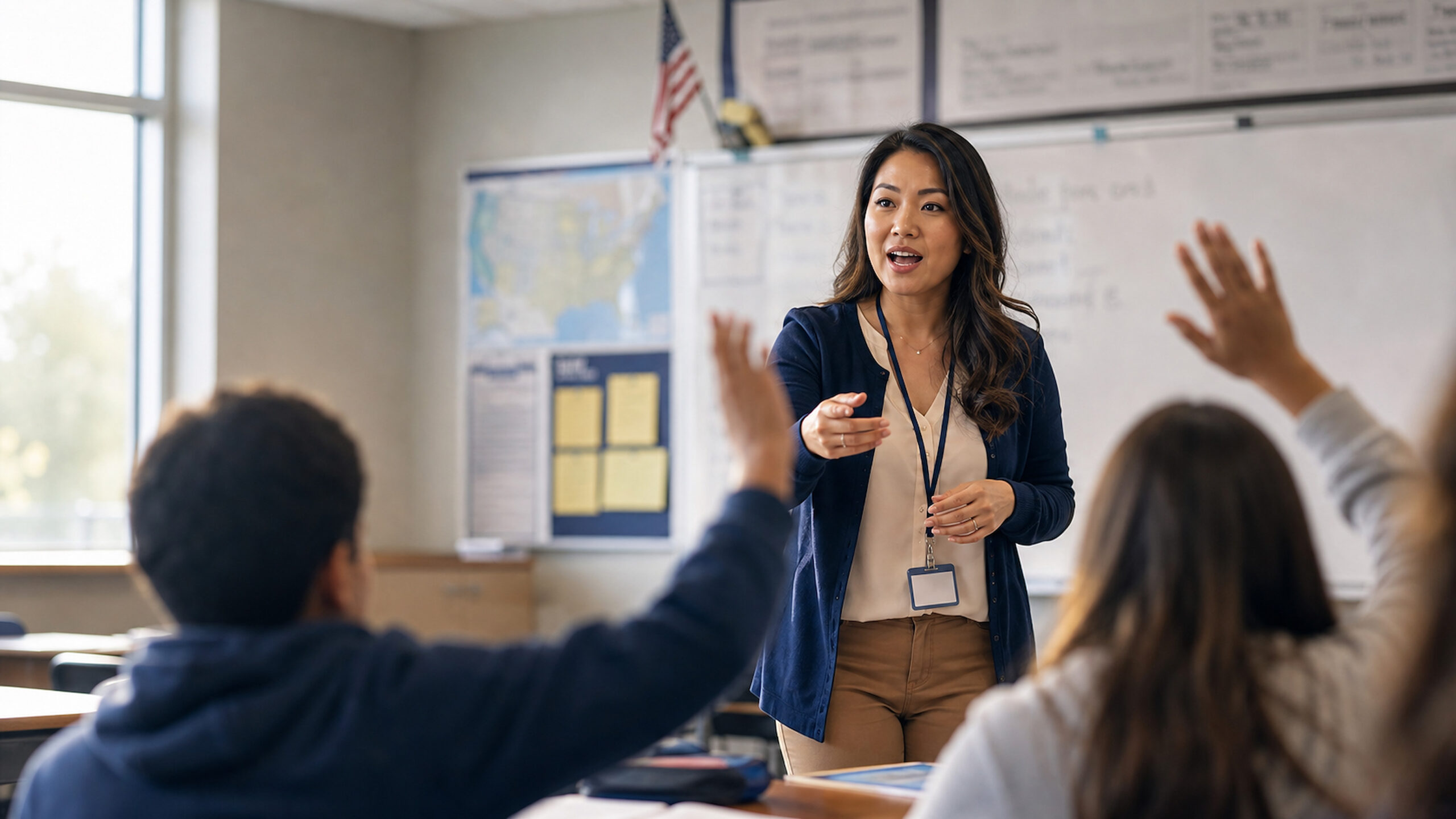 An international teacher leads a lesson in an American classroom as students raise their hands to answer.