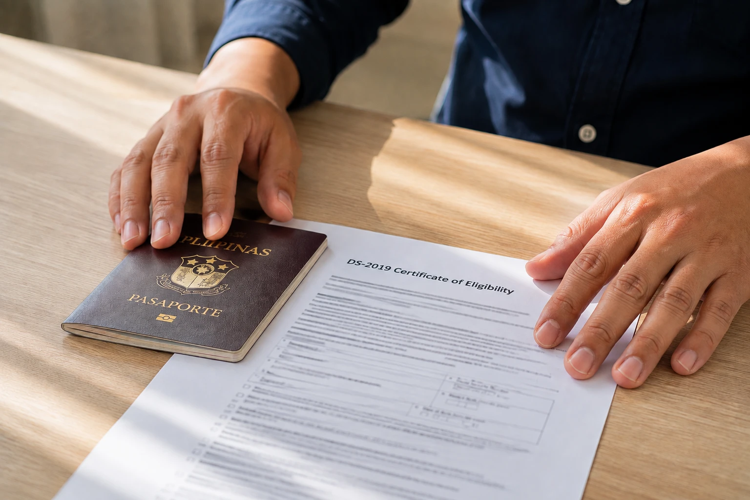 Close-up of a hand resting on a passport next to a DS-2019 Certificate of Eligibility document on a wooden desk.