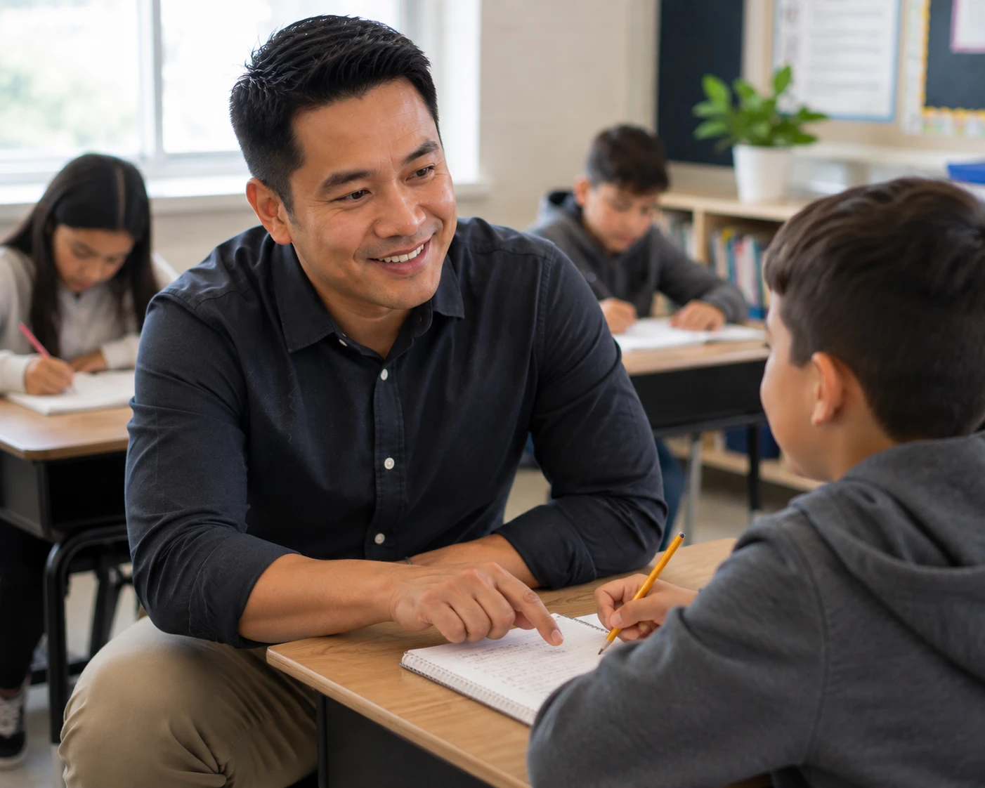 A teacher working one-on-one with a student in a classroom
